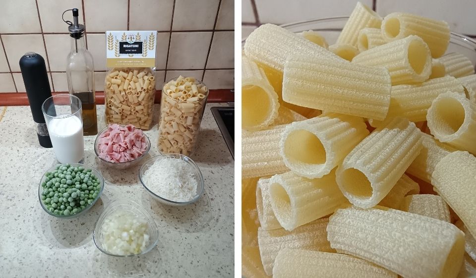 Ingredience na smetanové rigatoni s hráškem a šunkou.